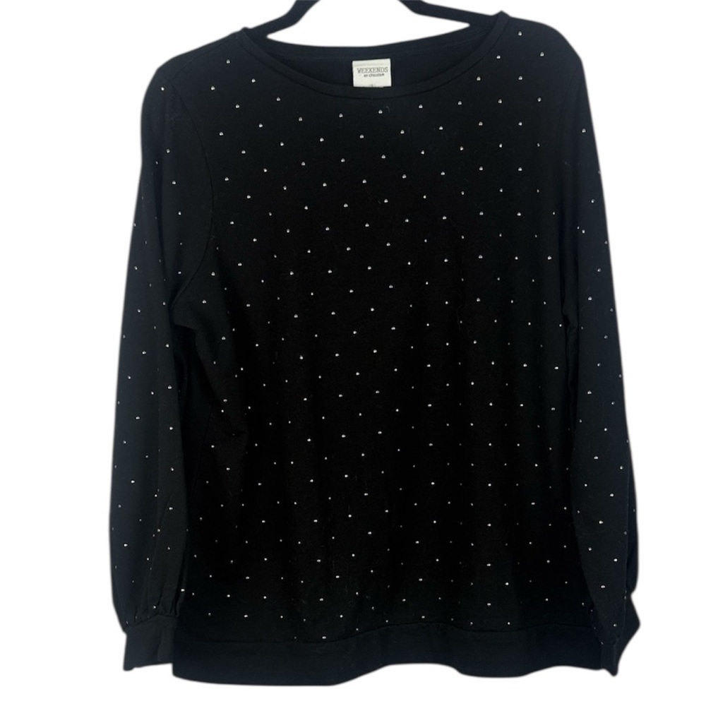 Chico's Black Cotton Blend Shimmering Beads Crew Neck Long Sleeve Large Top